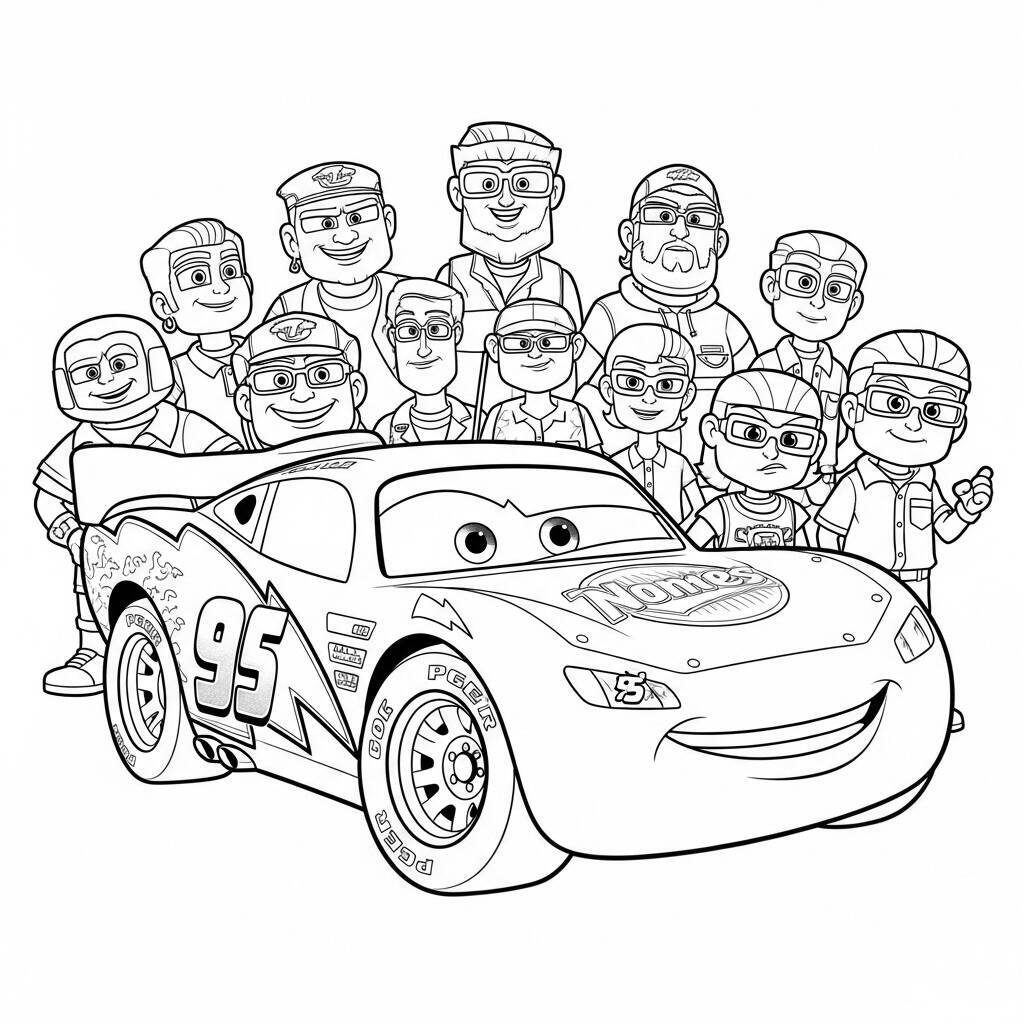 Desenho de Relâmpago McQueen e sua Equipe para Colorir