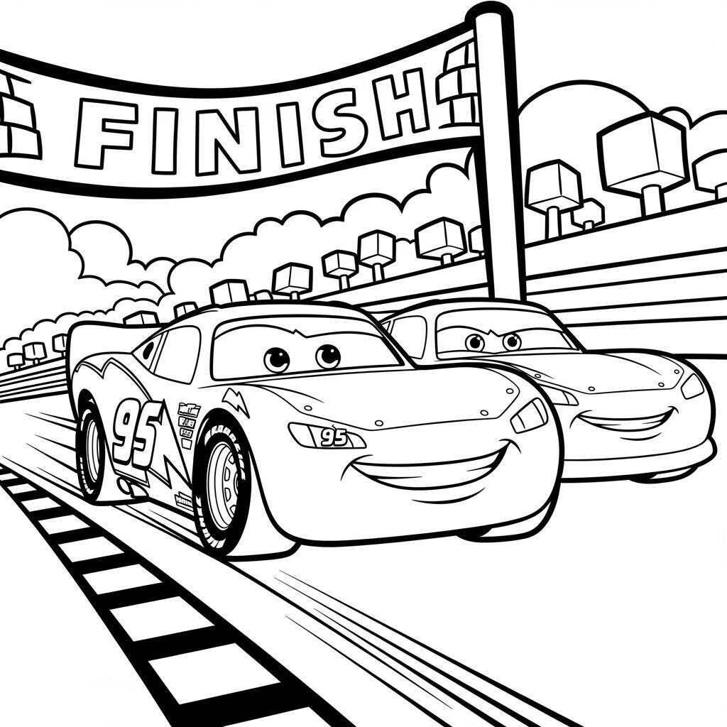 Desenho de Relâmpago McQueen em um Desafio para Colorir