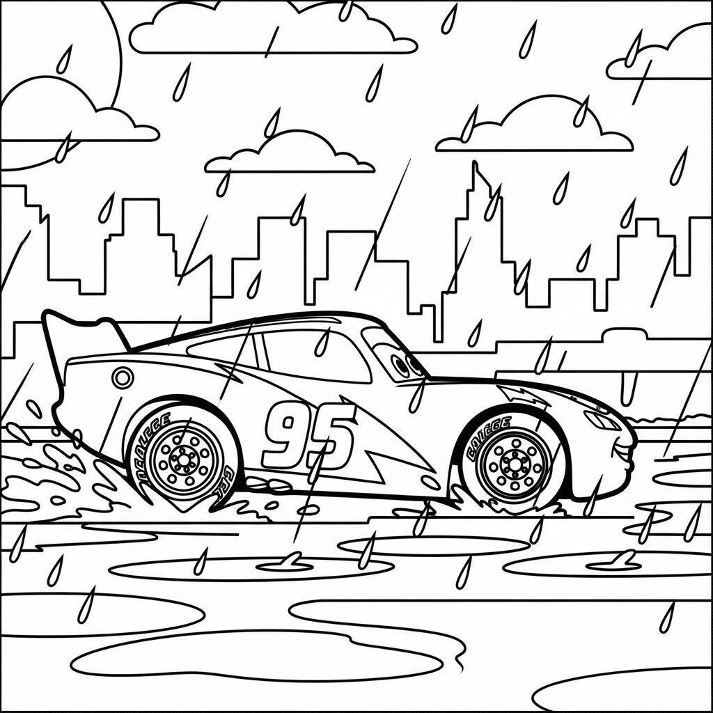 Desenho de Relâmpago McQueen em um Dia Chuvoso para Colorir