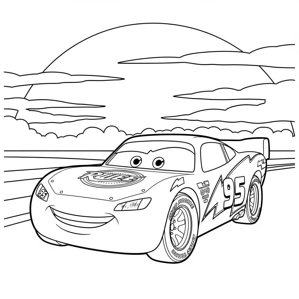 Desenho de Relâmpago McQueen em um Pôr do Sol para Colorir