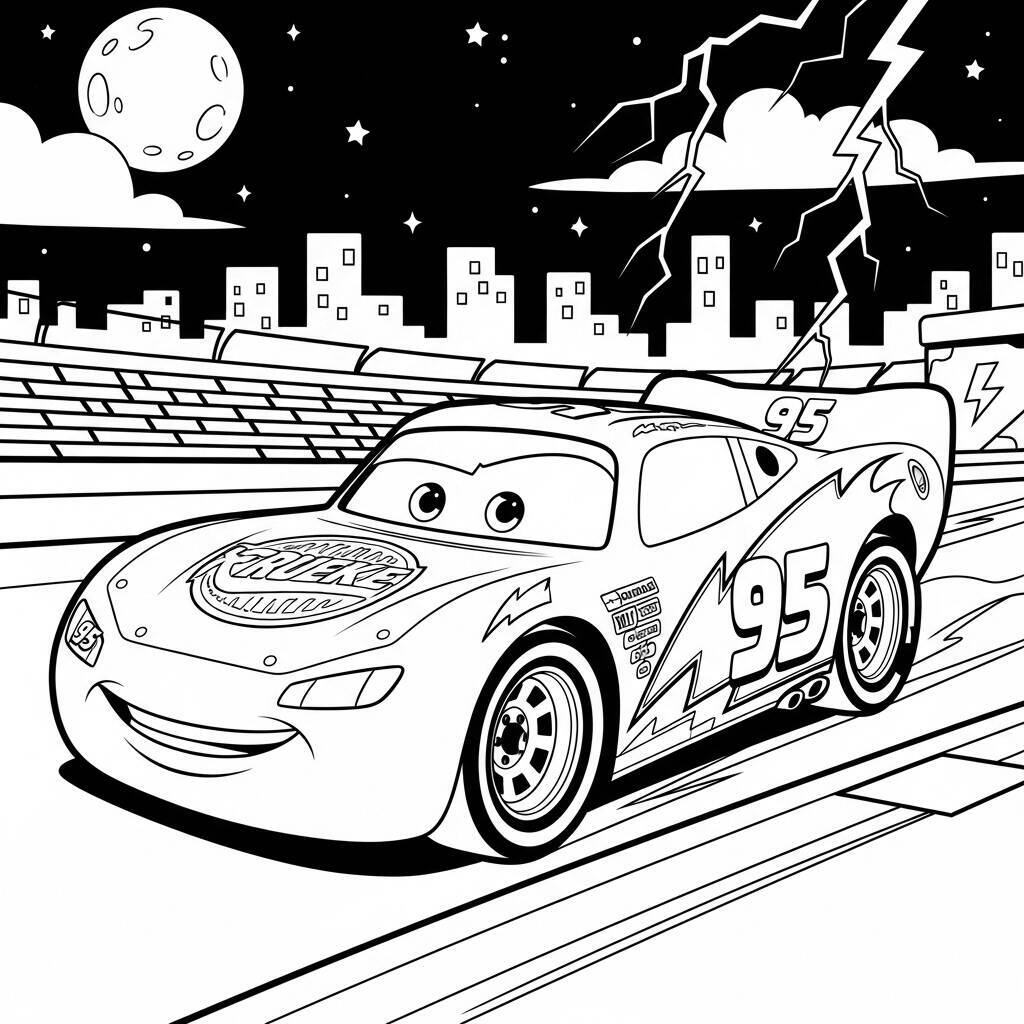 Desenho de Relâmpago McQueen em uma Corrida Noturna para Colorir