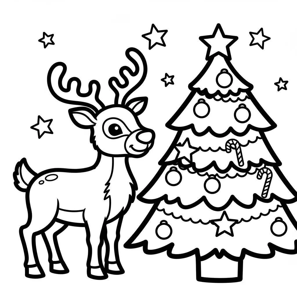 Desenho de Rena com Árvore de Natal para Colorir