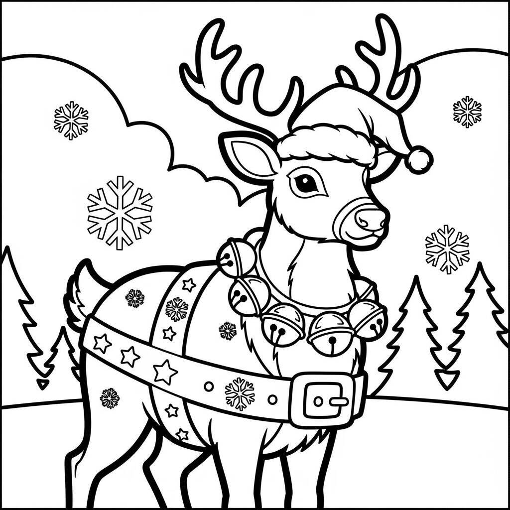 Ausmalbild: Rentier mit Weihnachtsgürtel