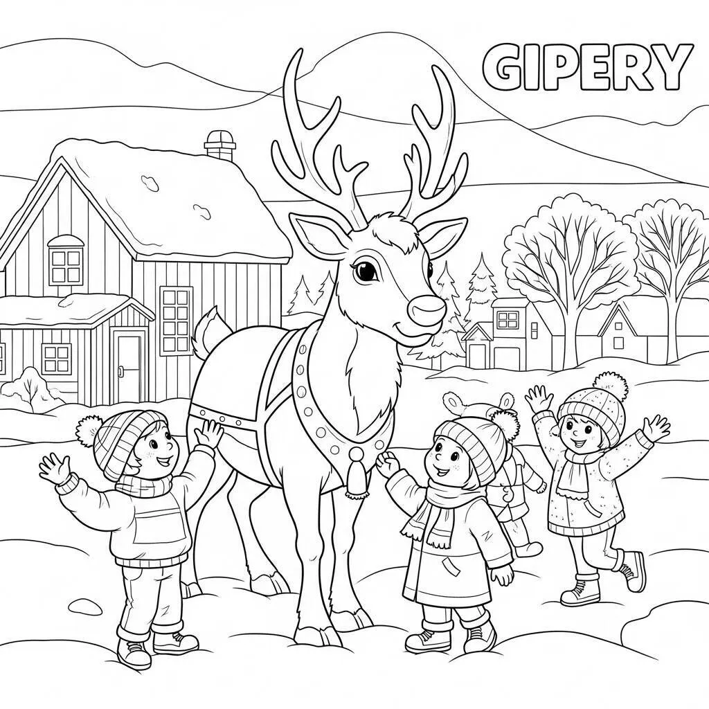 Desenho de Rena com Crianças para Colorir