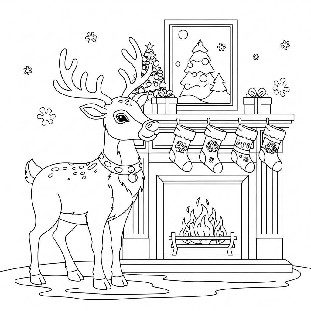 Malvorlage Rentier mit Weihnachtsstrümpfen