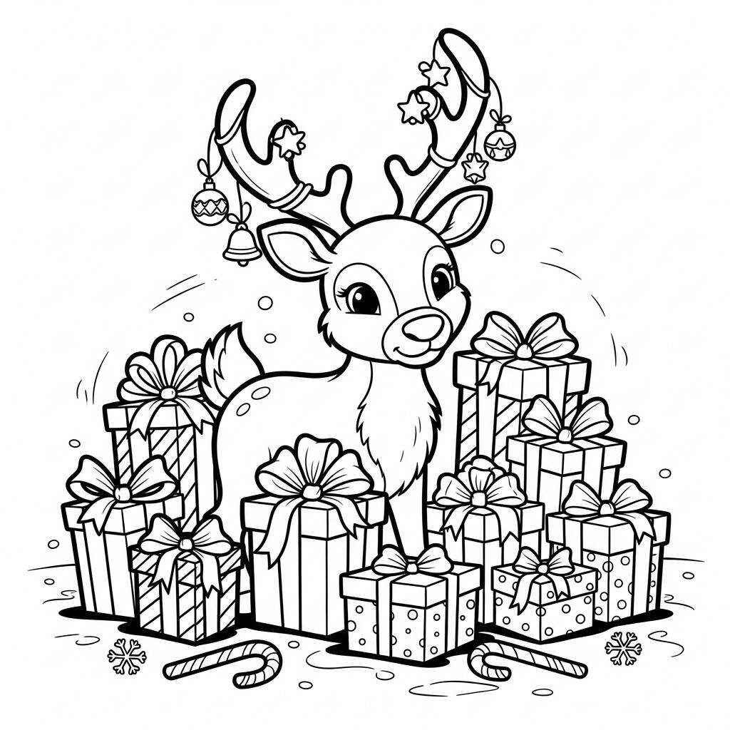 Malvorlage Rentier mit Geschenken