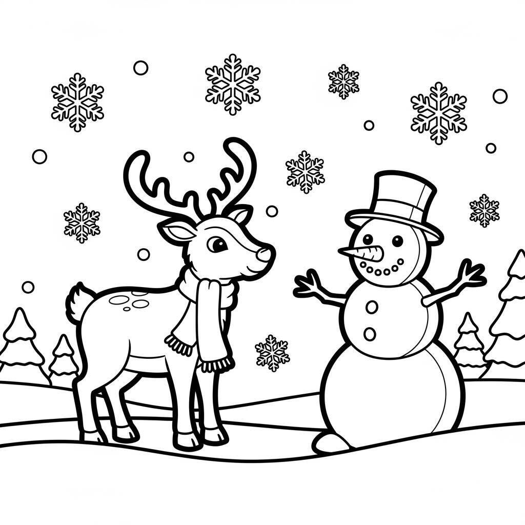 Malvorlage Rentier und Schneemann