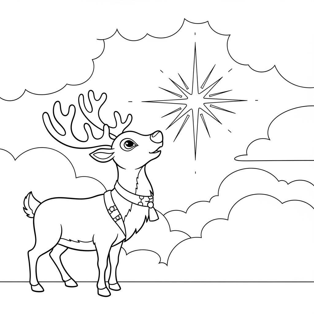 Malvorlage Rentier und Weihnachtsstern
