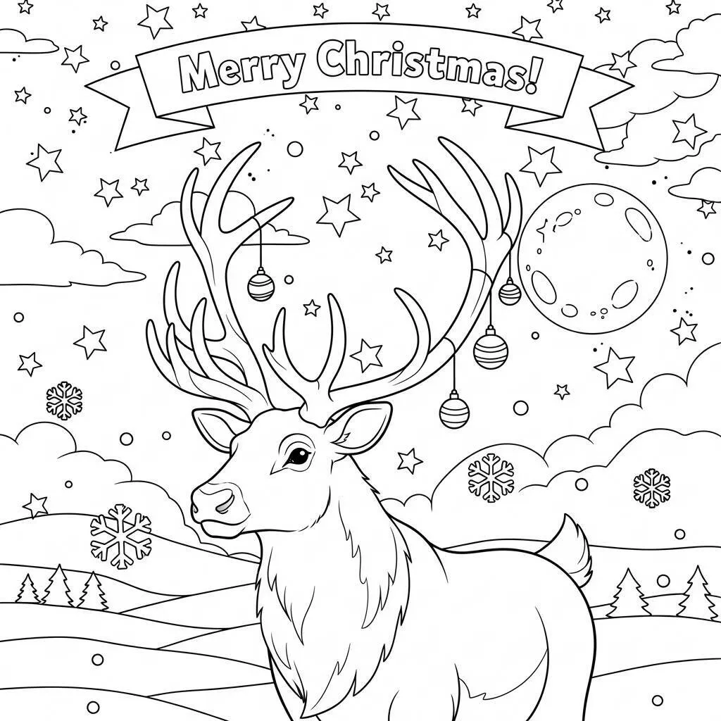 Desenho de Rena em uma Noite de Natal para Colorir
