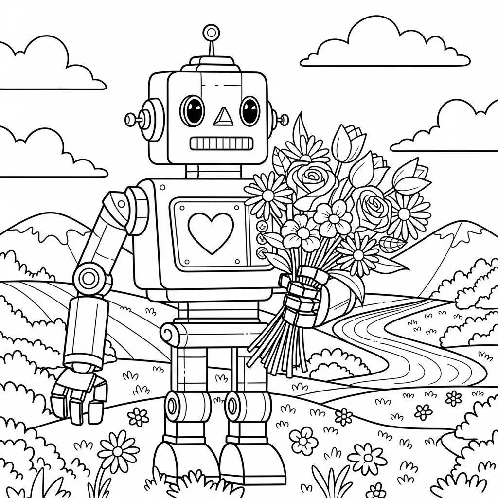 Desenho de Robô com Coração para Colorir