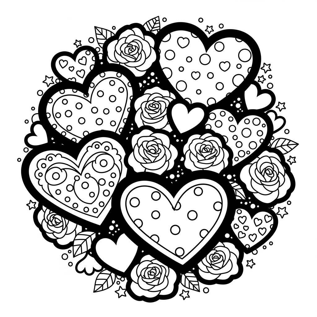 Desenho de Rosas com Corações para Colorir
