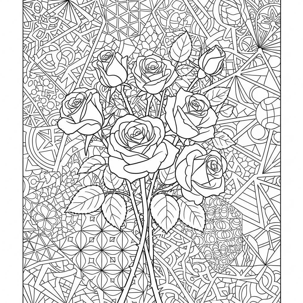 Desenho de Rosas com Padrões Geométricos para Colorir