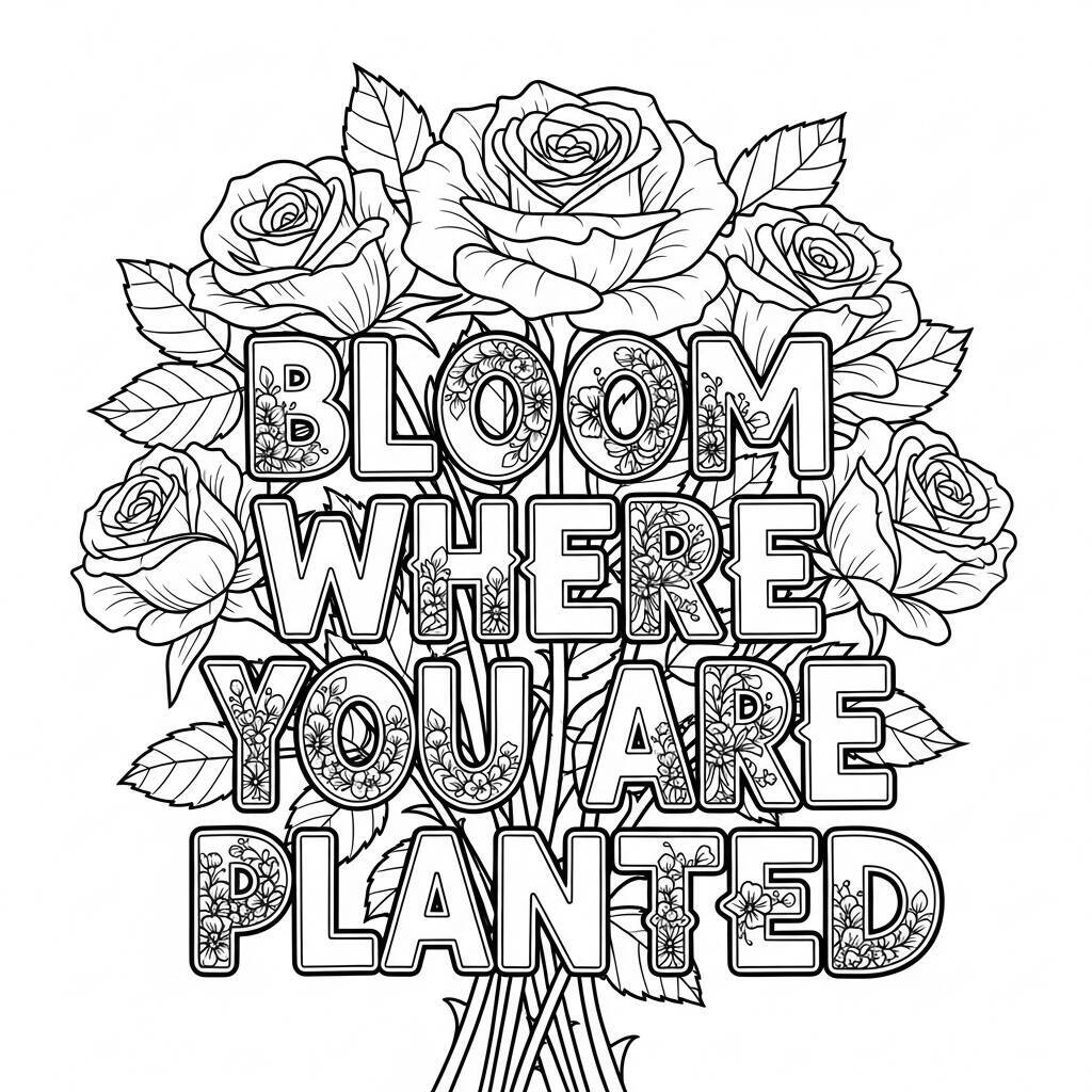 Desenho de Rosas com Texto Inspirador para Colorir
