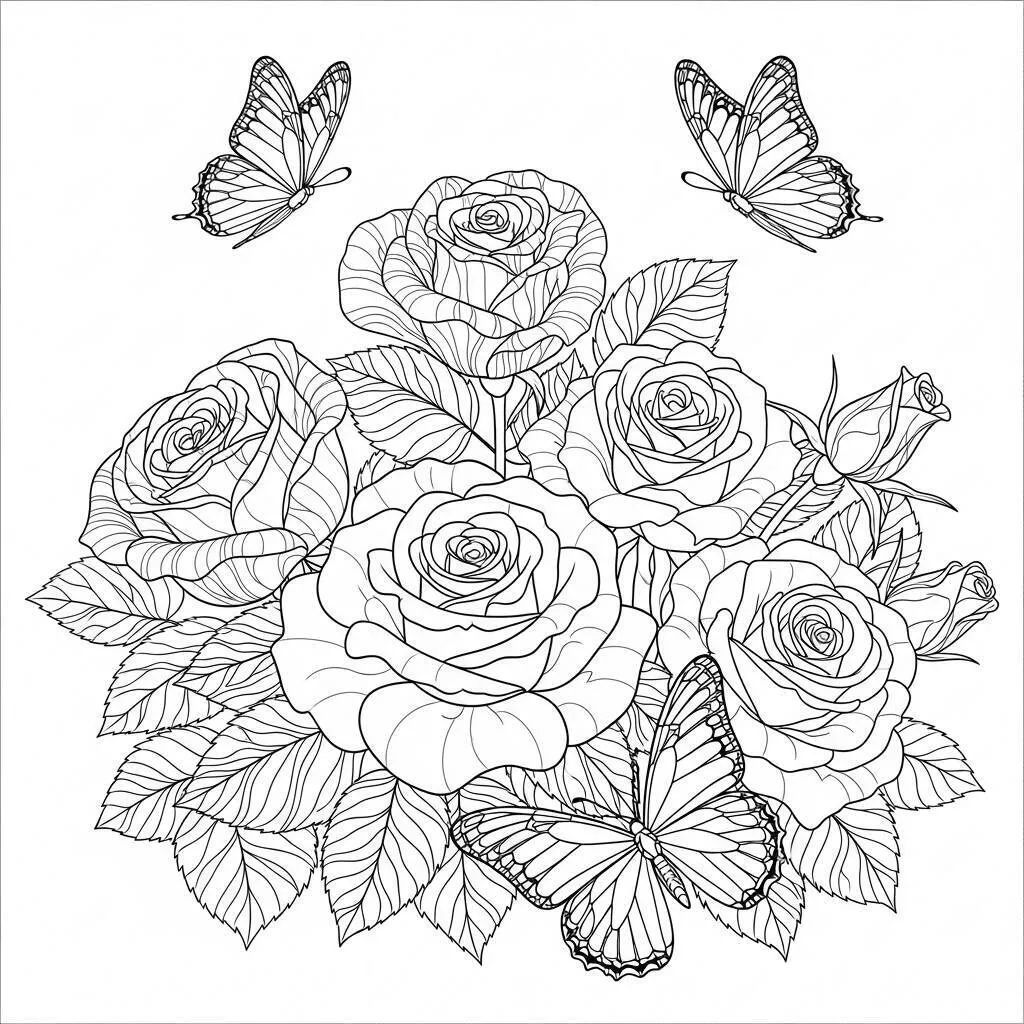 Desenho de Rosas e Borboletas para Colorir