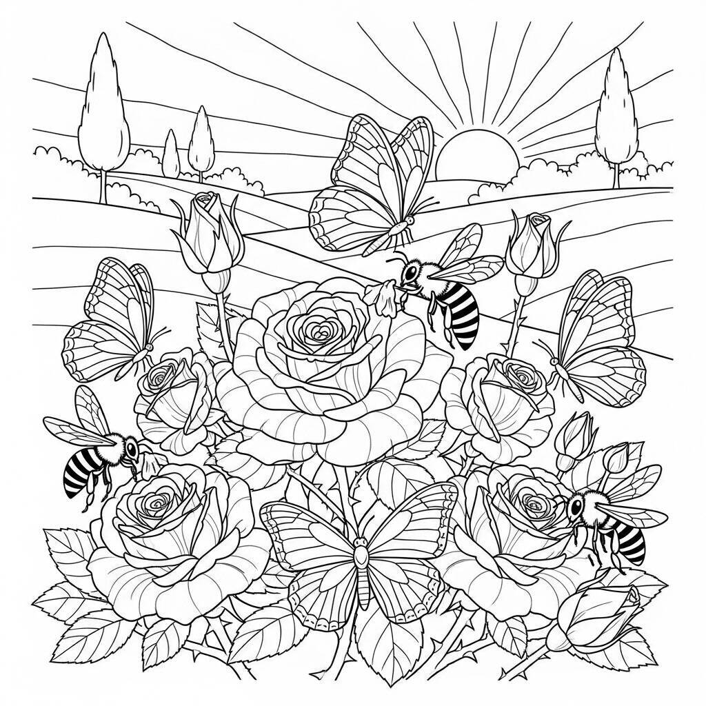 Desenho de Rosas e Cenas de Primavera para Colorir
