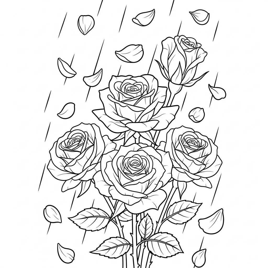 Desenho de Rosas e Chuva de Pétalas para Colorir