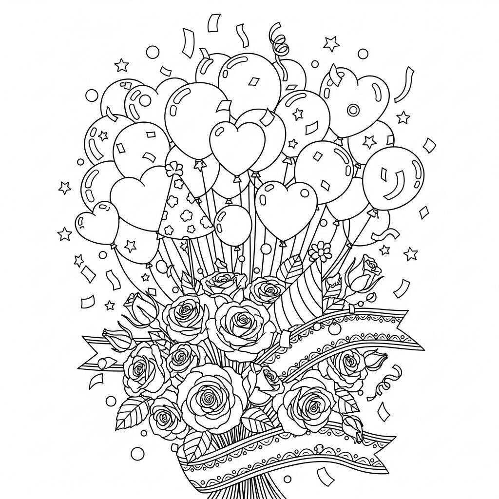 Desenho de Rosas e Elementos de Festa para Colorir