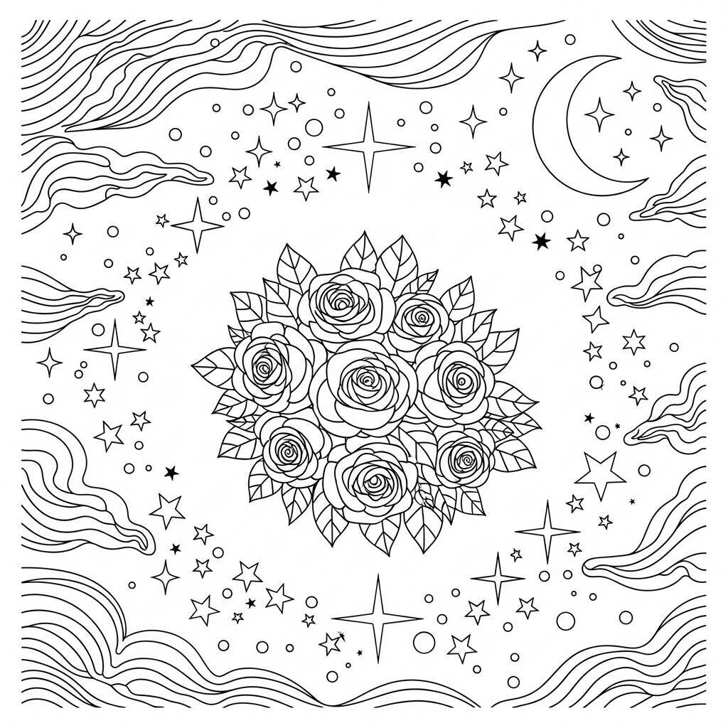 Desenho de Rosas e Estrelas para Colorir
