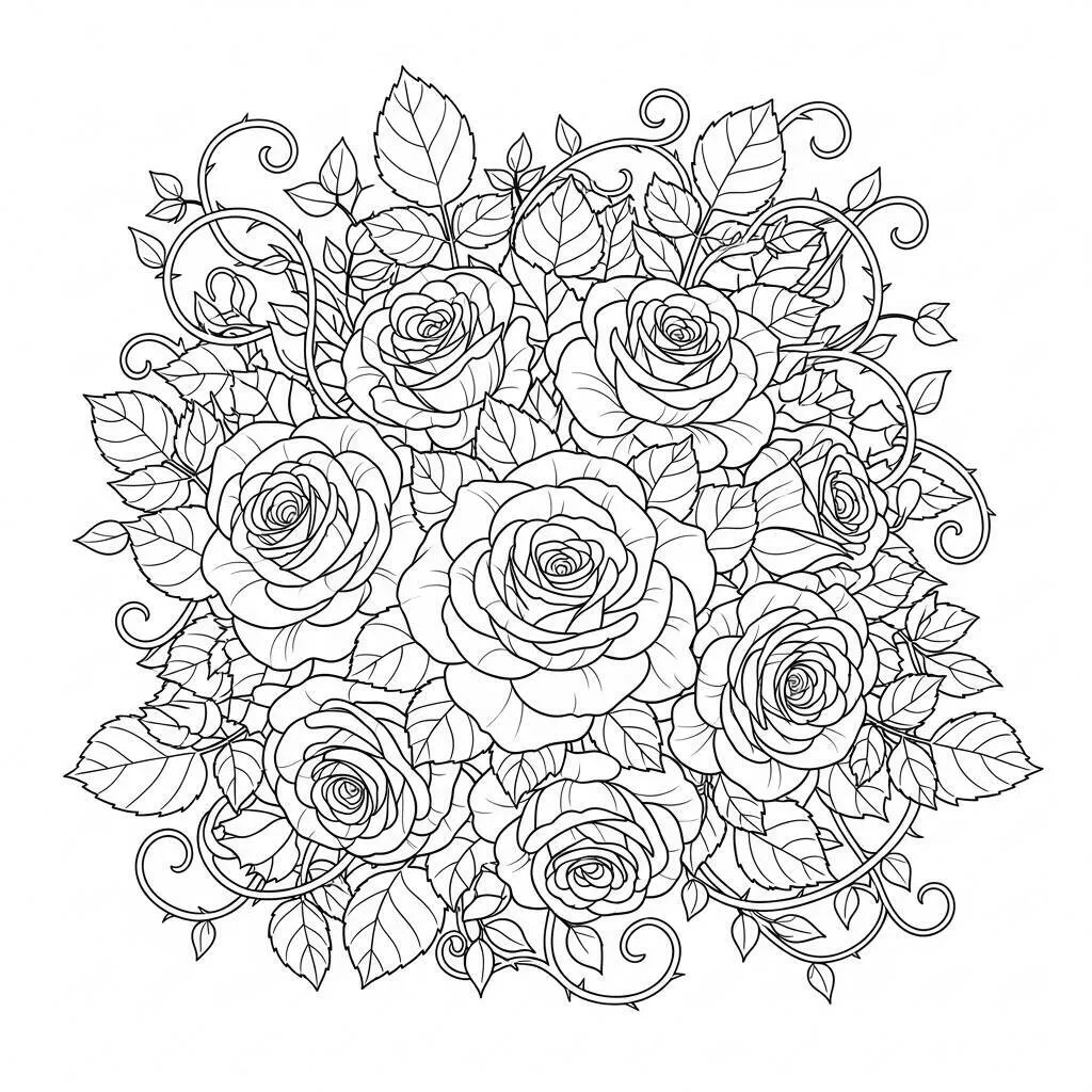 Desenho de Rosas e Folhagens para Colorir