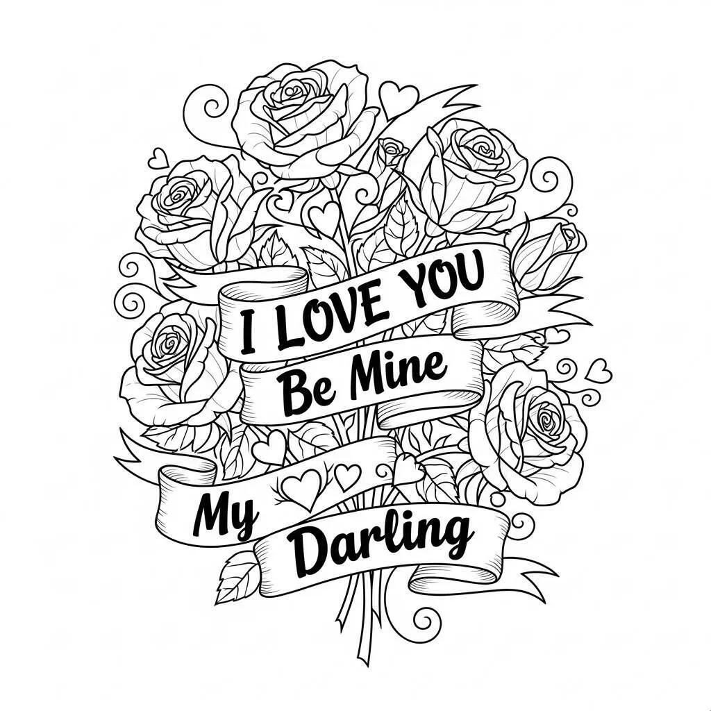 Desenho de Rosas e Frases de Amor para Colorir