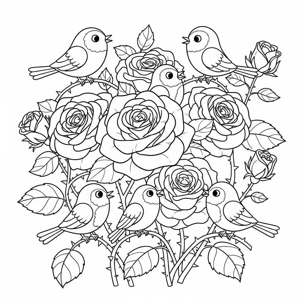 Desenho de Rosas e Pássaros para Colorir
