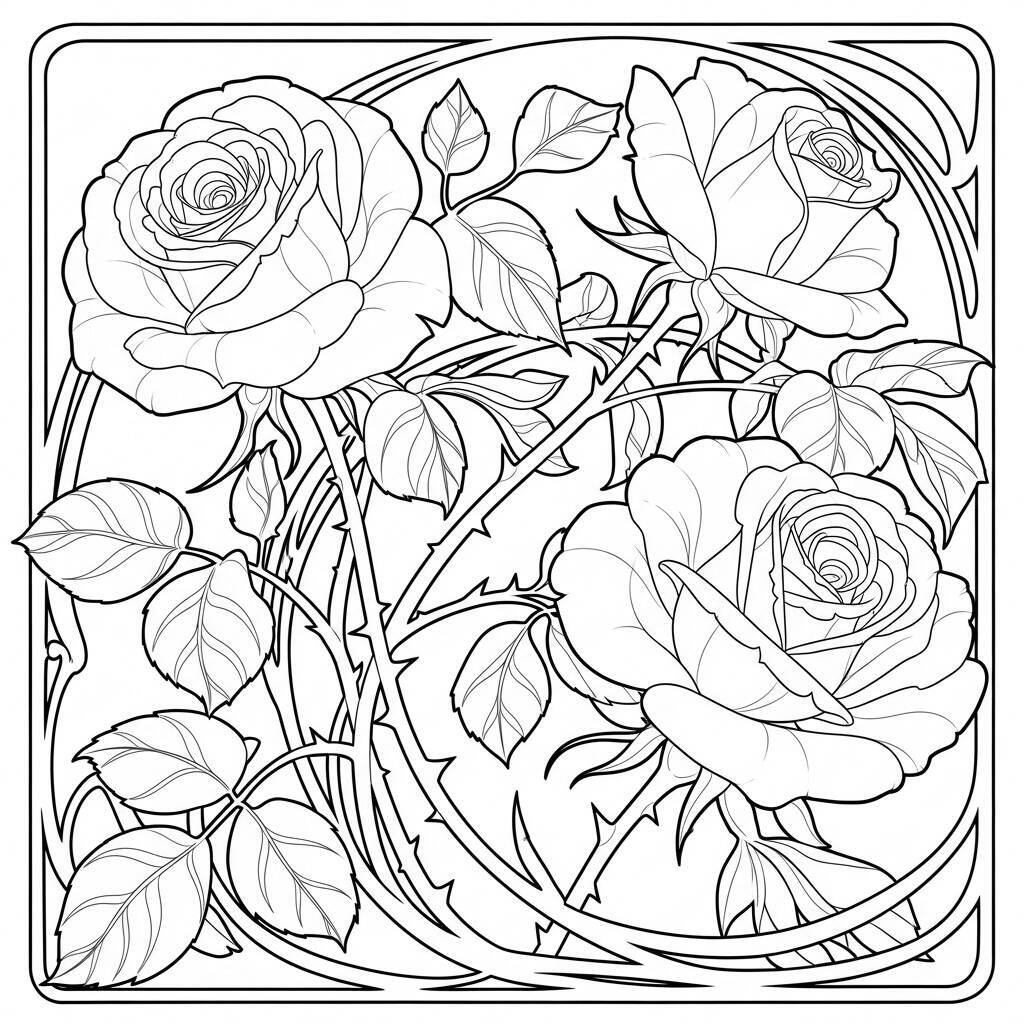 Desenho de Rosas no Estilo Art Nouveau para Colorir