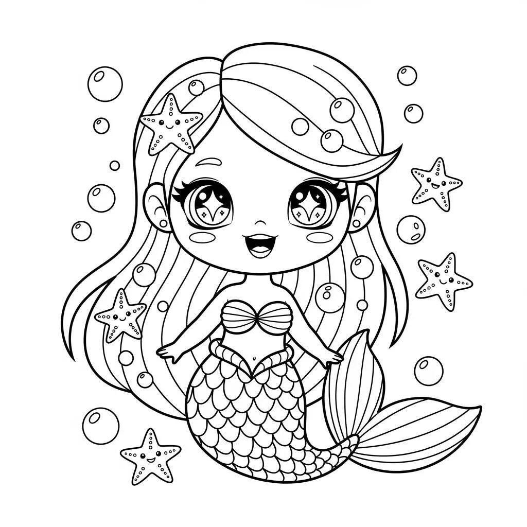 Desenho de Sereia Kawaii para Colorir