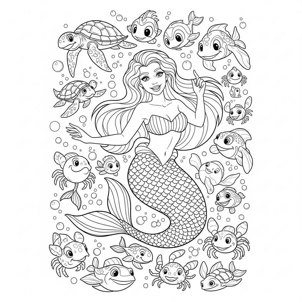 Desenho de Sereia com Amigos Aquáticos para Colorir