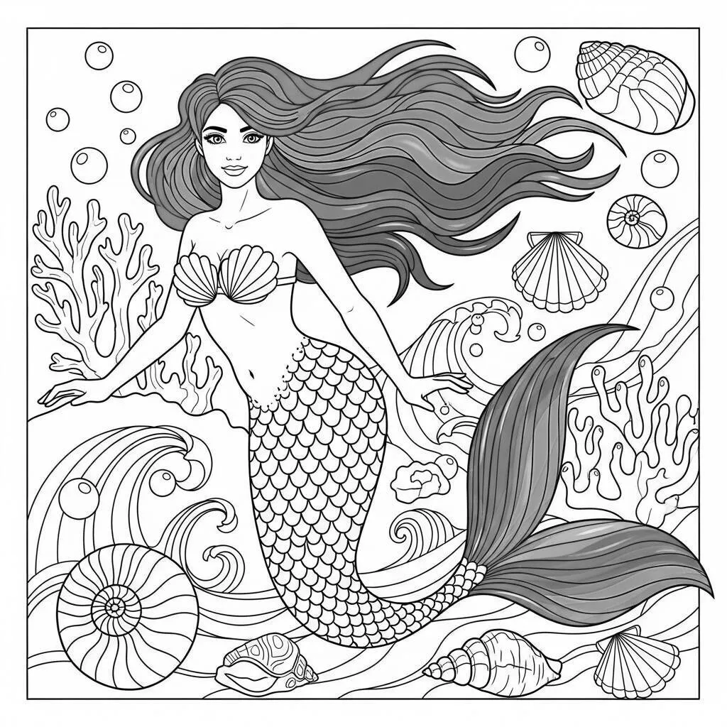 Desenho-de-Sereia-com-Cores-do-Arco-Iris-para-Colorir Desenho de Sereia com Cores do Arco-Íris para Colorir