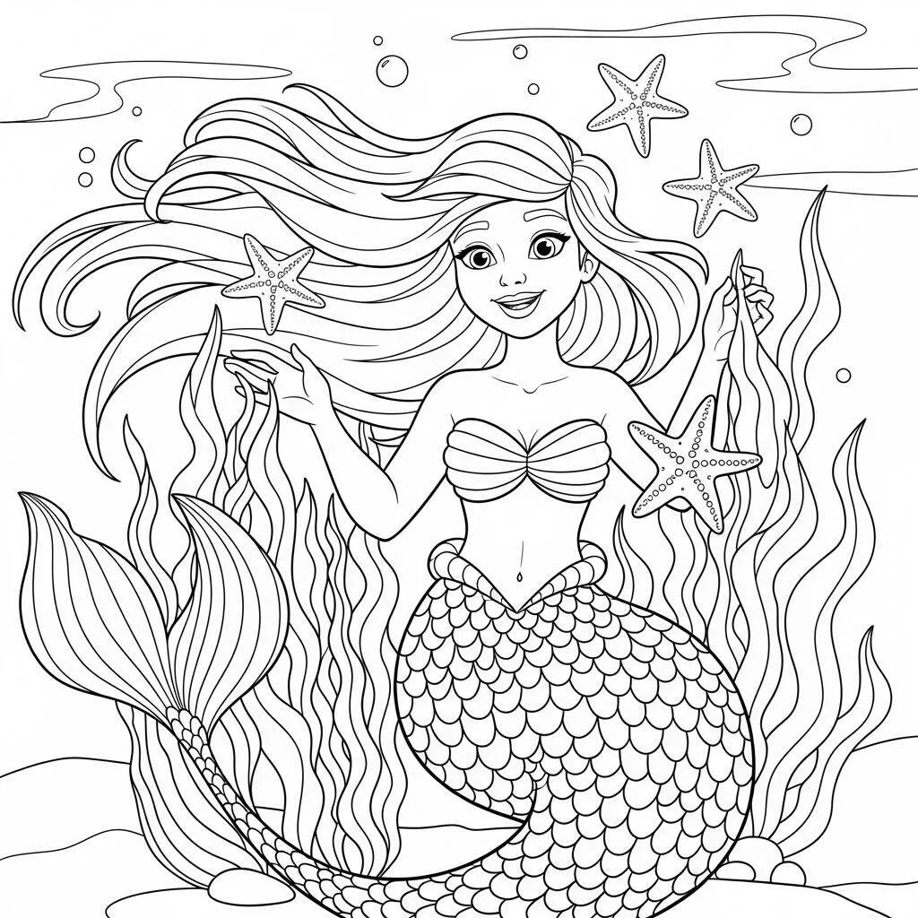 Desenho de Sereia com Estrelas do Mar para Colorir