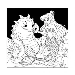 Desenho de Sereia com um Monstro Marinho para Colorir