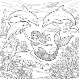Mermaid and Dolphins Coloring Page