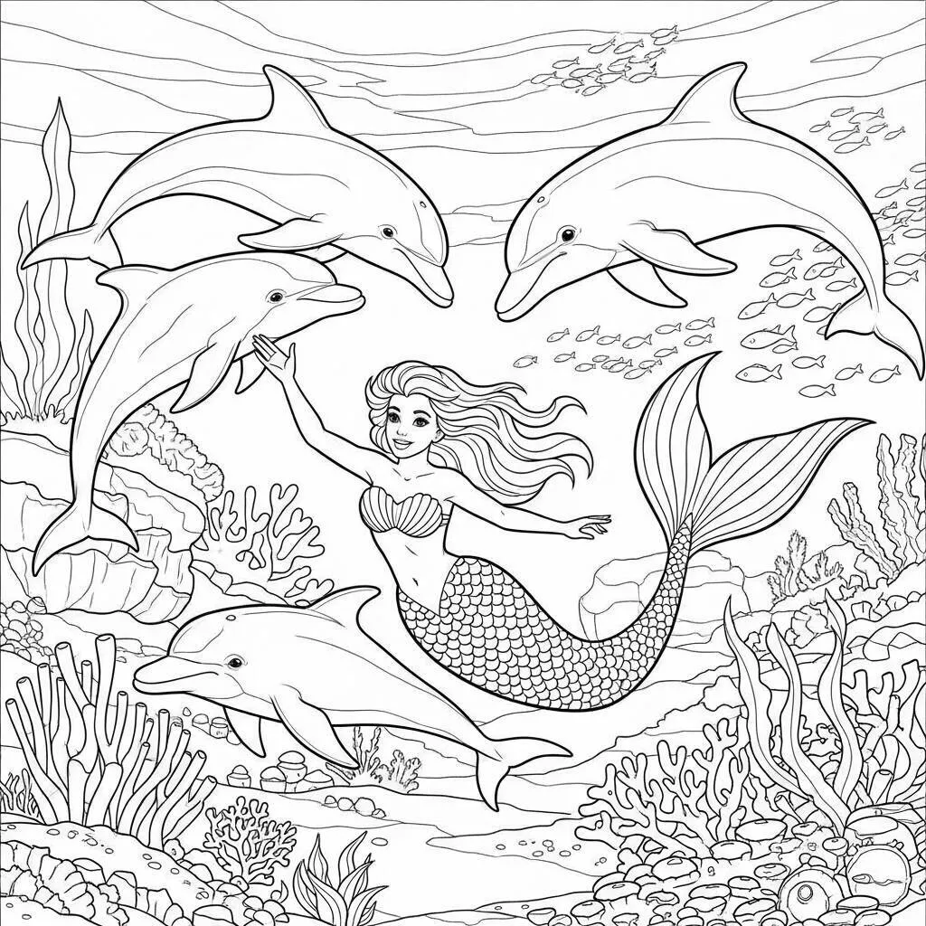 Desenho-de-Sereia-e-Golfinhos-para-Colorir Mermaid and Dolphins Coloring Page