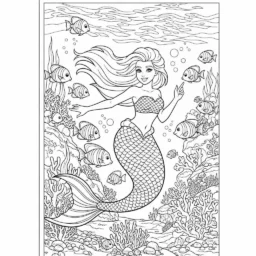 Desenho de Sereia e Peixes para Colorir