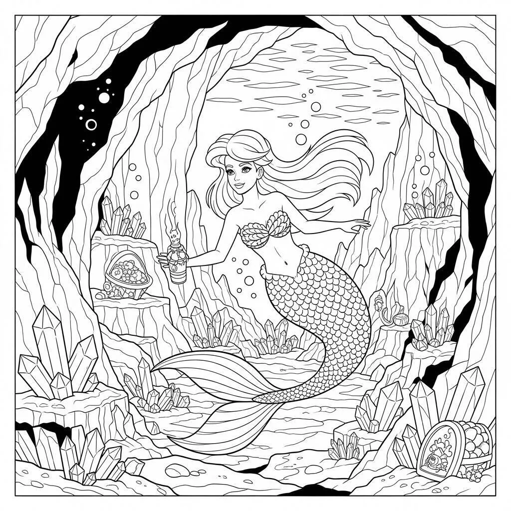 Desenho-de-Sereia-e-a-Caverna-Subaquatica-para-Colorir Desenho de Sereia e a Caverna Subaquática para Colorir
