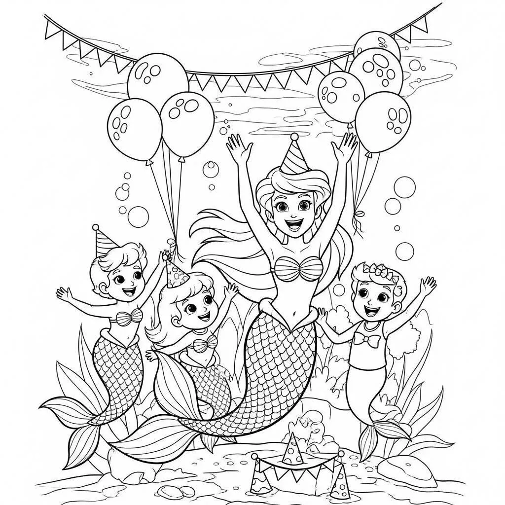 Desenho de Sereia e a Festa do Oceano para Colorir