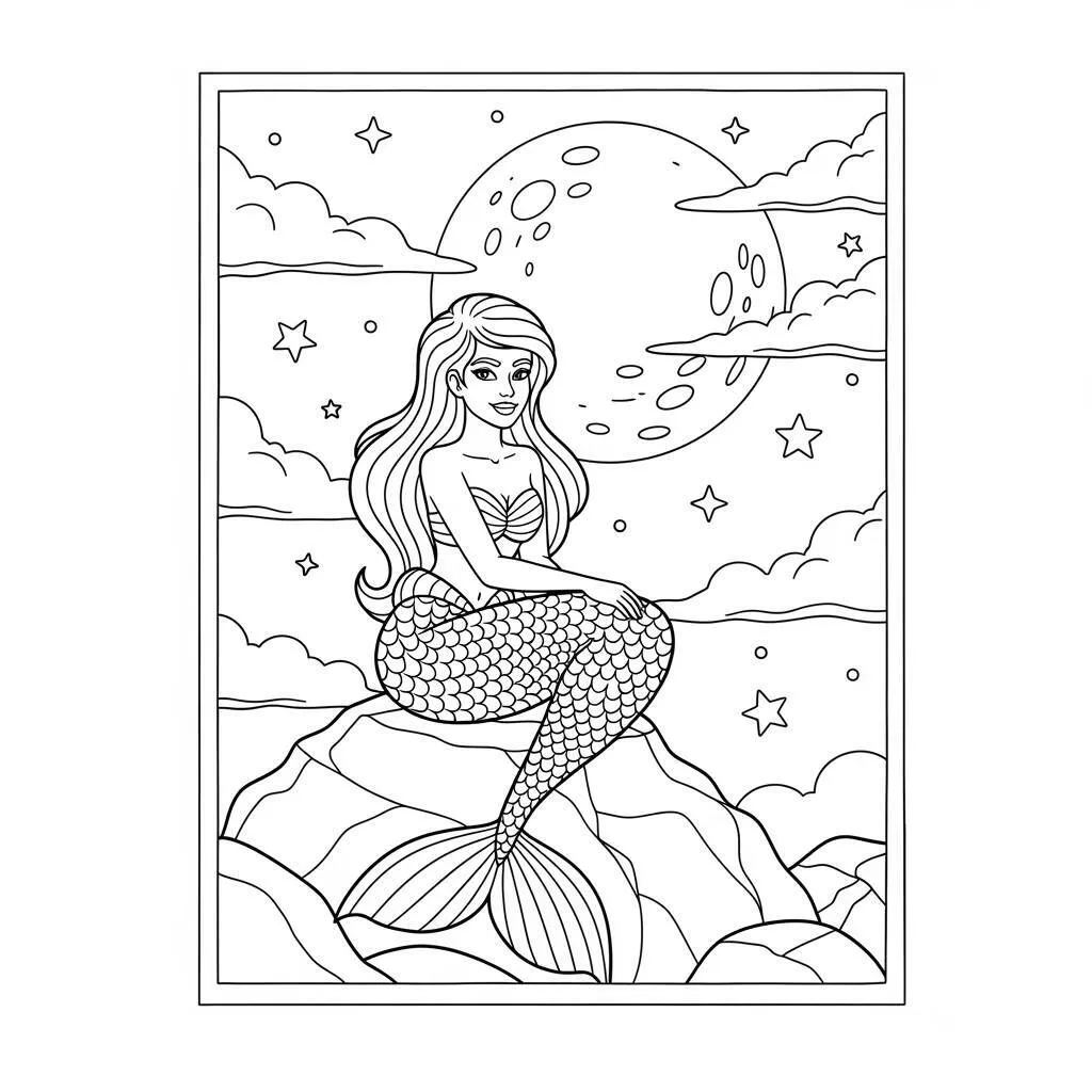 Desenho de Sereia e a Lua Cheia para Colorir
