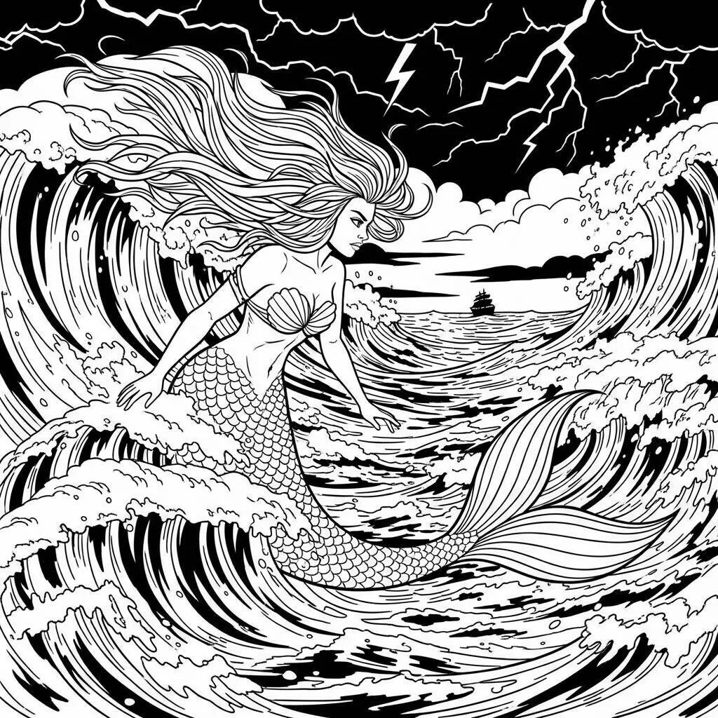 Desenho de Sereia e a Tempestade para Colorir