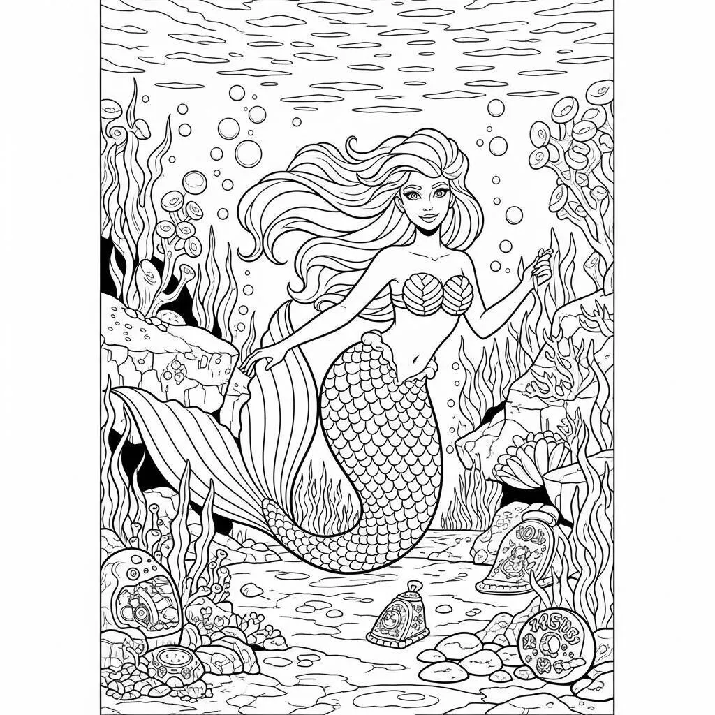 Desenho-de-Sereia-e-o-Fundo-do-Mar-para-Colorir Desenho de Sereia e o Fundo do Mar para Colorir