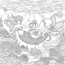 Desenho de Sereia e seu Amigo Polvo para Colorir