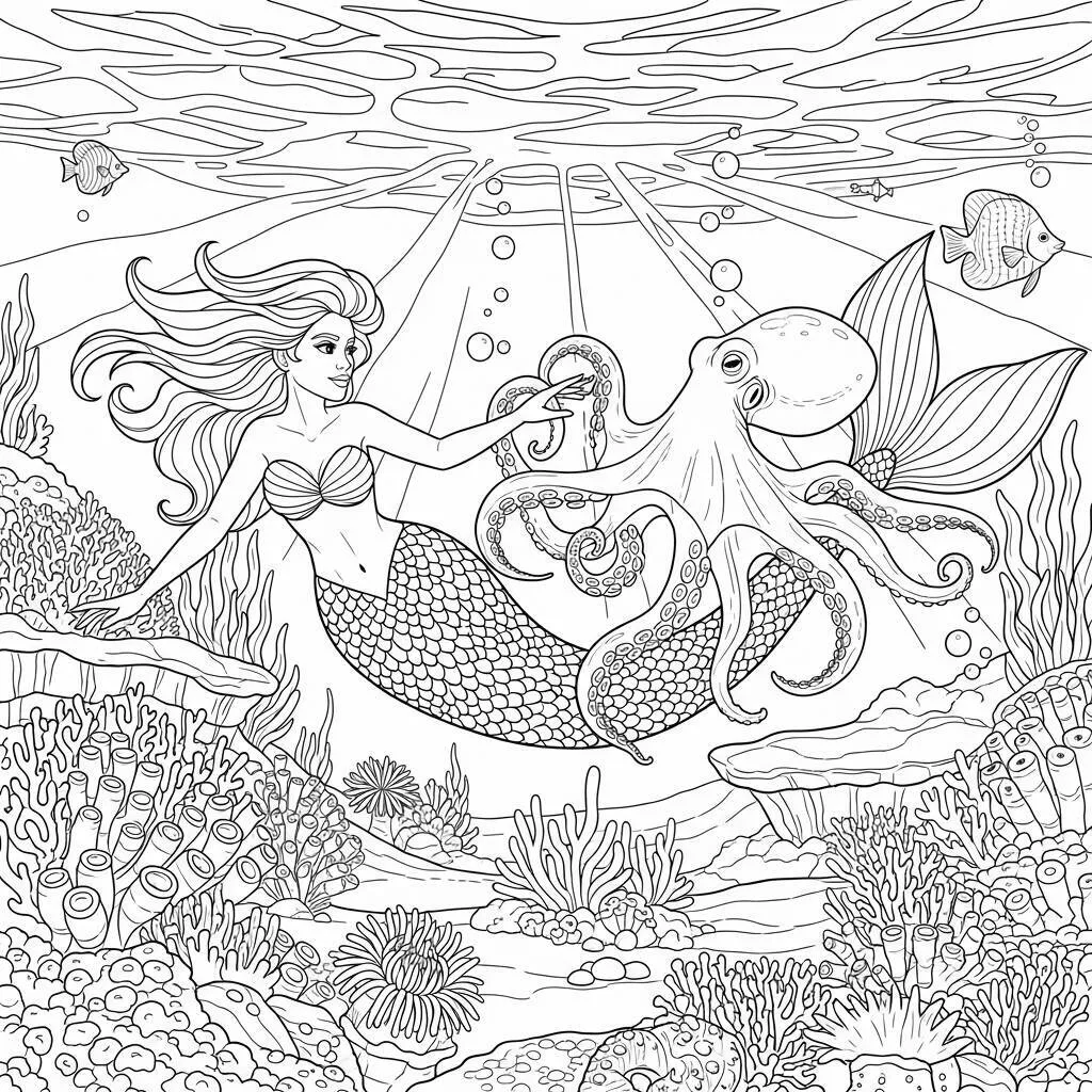 Desenho-de-Sereia-e-seu-Amigo-Polvo-para-Colorir Desenho de Sereia e seu Amigo Polvo para Colorir