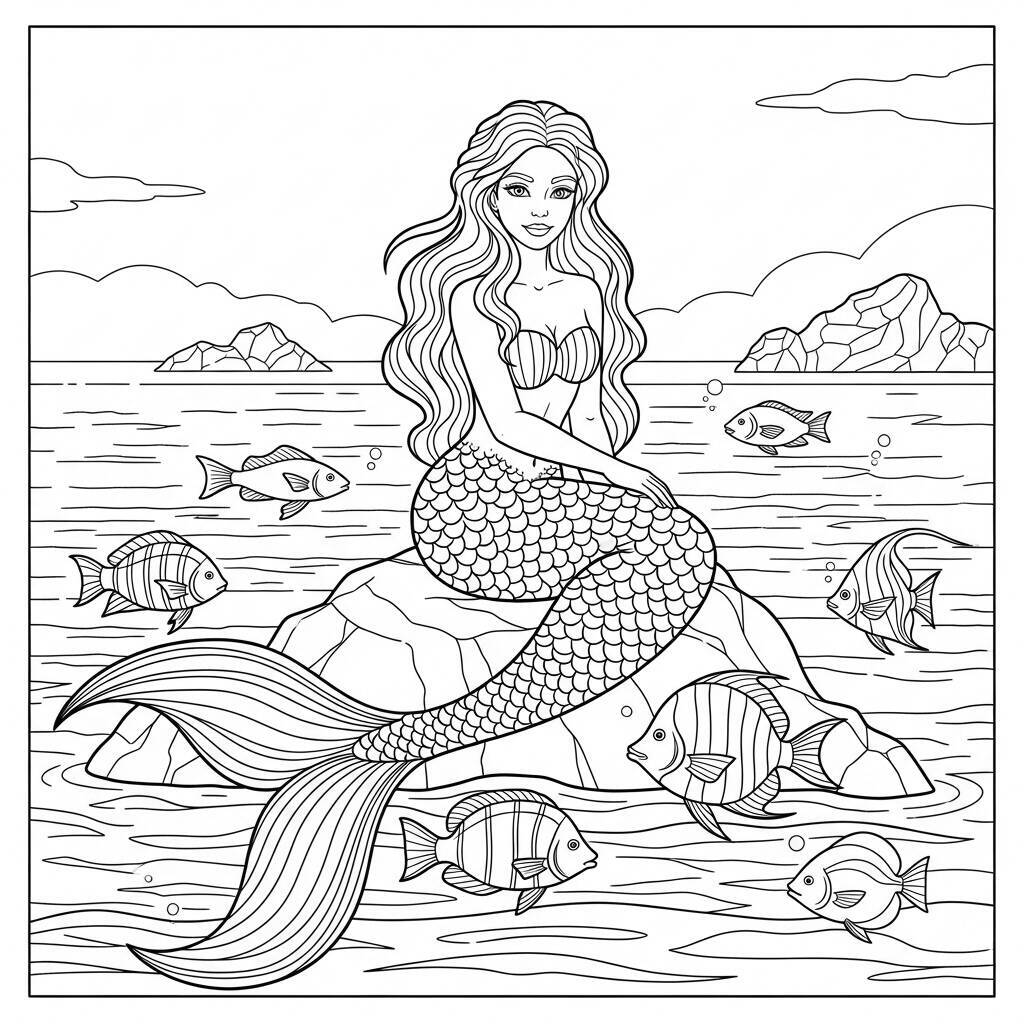 Desenho de Sereia em Praia para Colorir