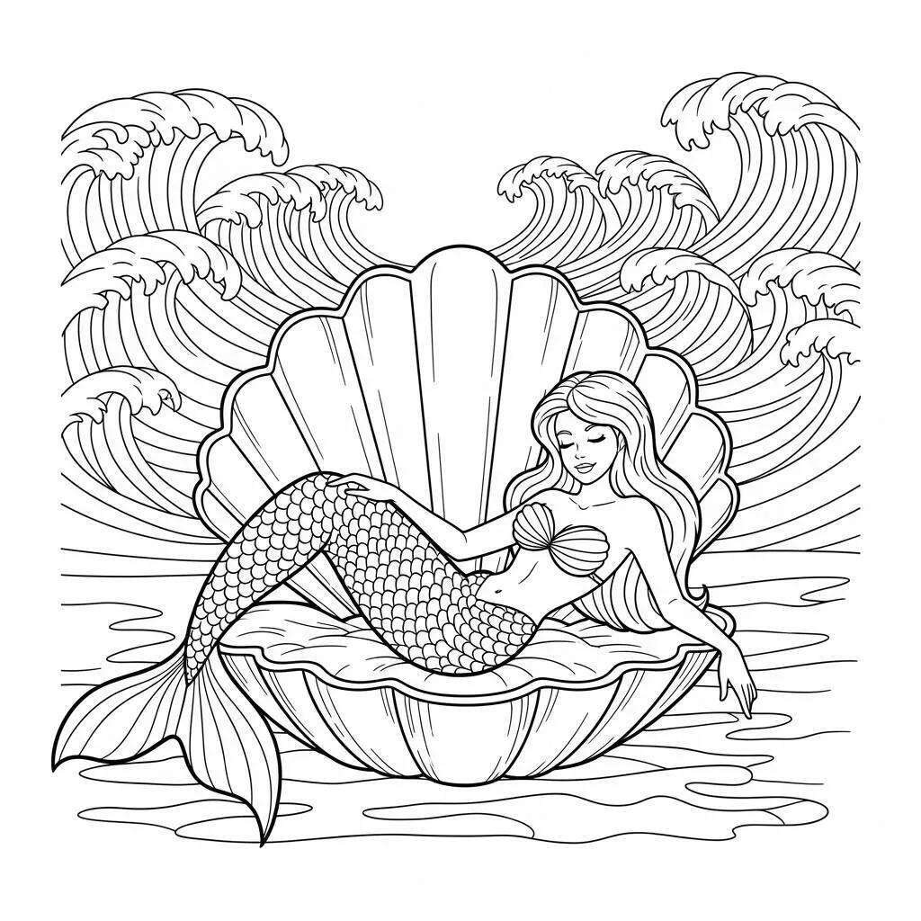 Desenho de Sereia em uma Concha Gigante para Colorir