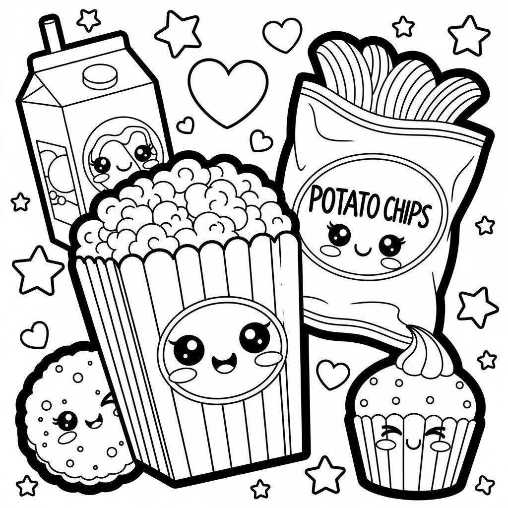 Desenho de Snacks Kawaii para Colorir