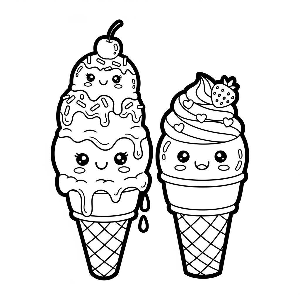 Desenho de Sorvetes Kawaii para Colorir