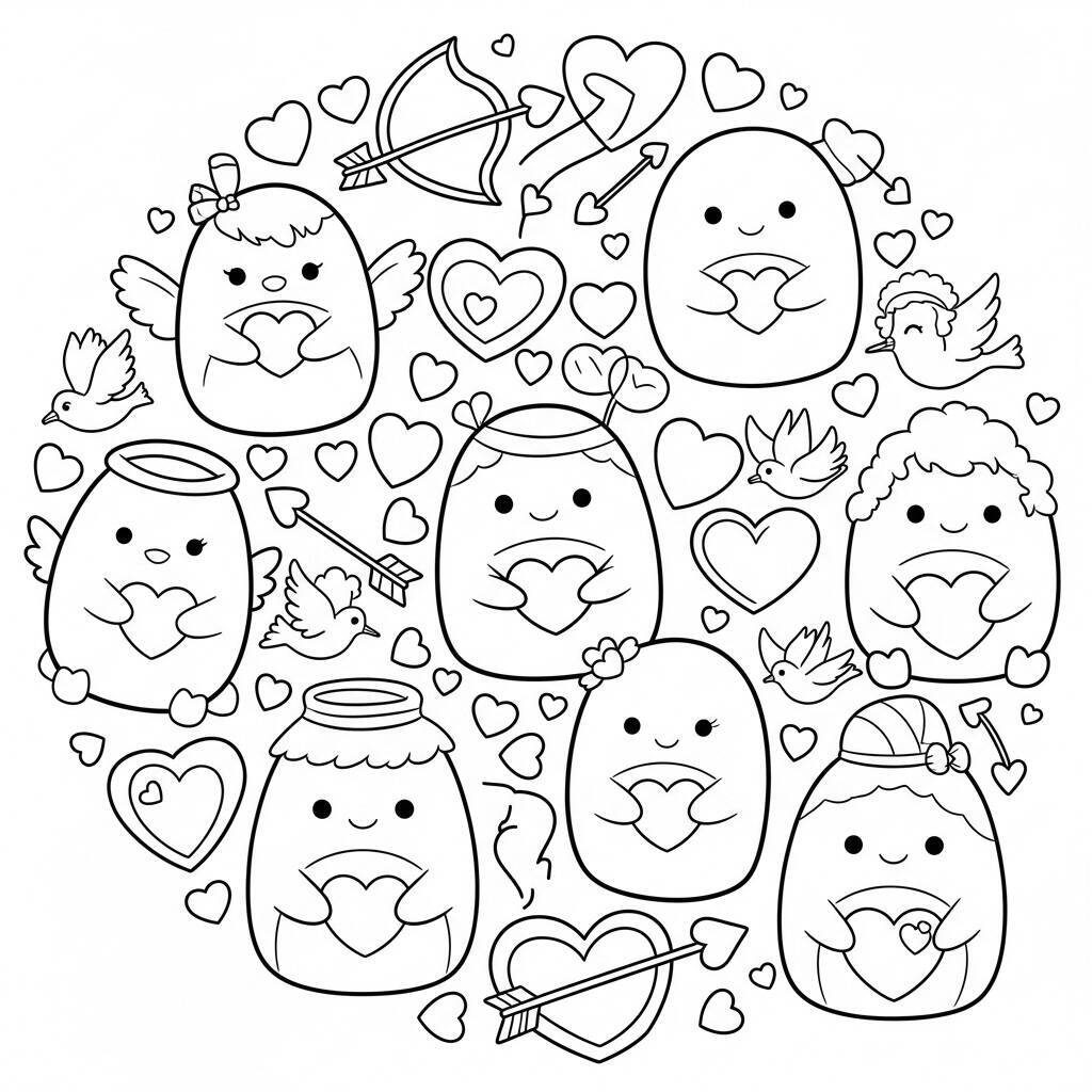 Squishmallows mit Herzen zum Ausmalen