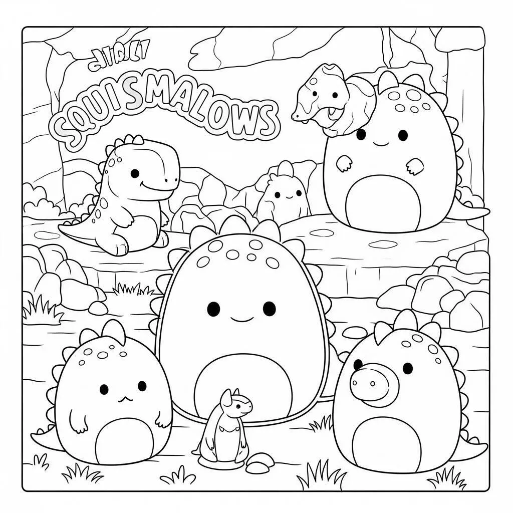 Desenho de Squishmallows e Dinossauros para Colorir