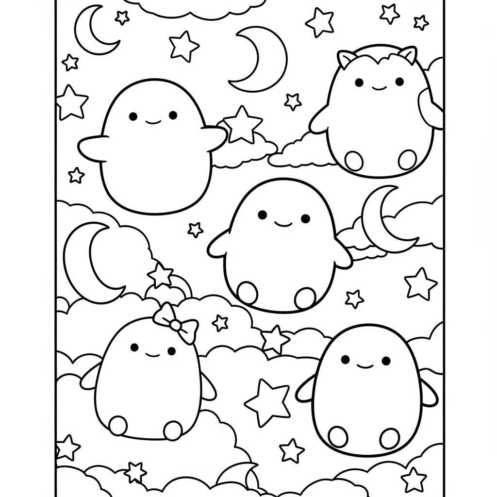 Desenho de Squishmallows e Estrelas para Colorir