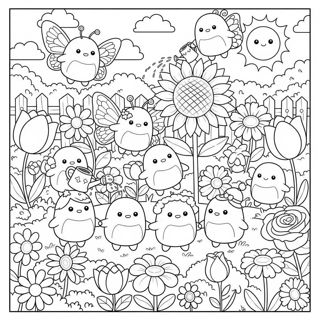 Desenho-de-Squishmallows-e-Flores-para-Colorir Desenho de Squishmallows e Flores para Colorir
