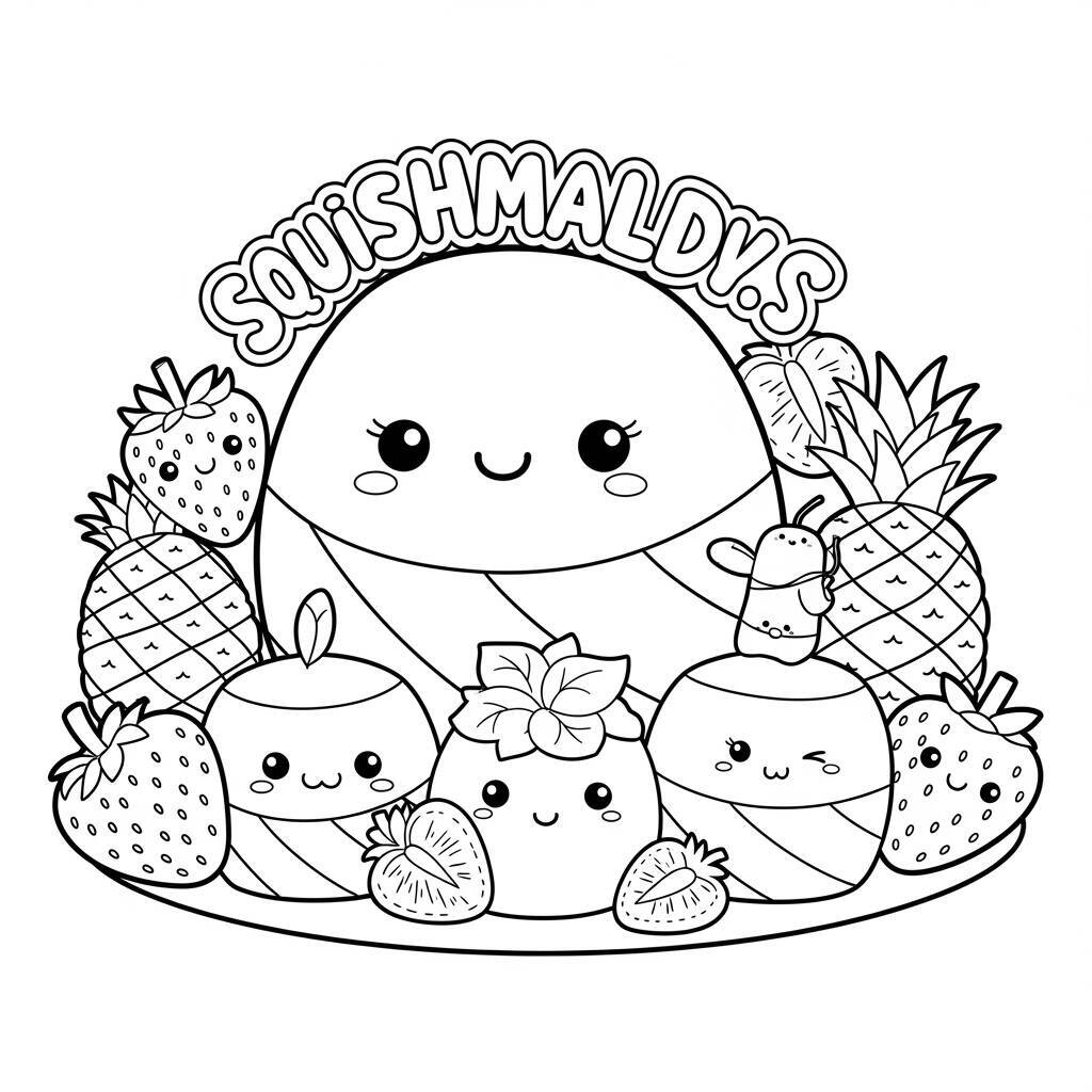 Squishmallows und Früchte Malseite